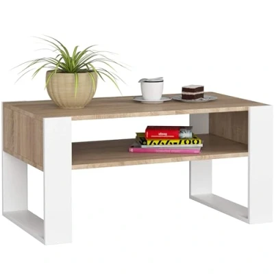 Afbeelding van AKORD Salontafel van hout DOMI met een plank, 92 x 45 53 cm, voor woonkamer, slaapkamer, minimalistisch modern design, gelaagde stofplaat 16 mm, Sonoma eiken + witte poten