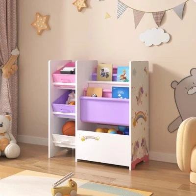 Afbeelding van [en.casa] Kinderrek Vimianzo boekenkast met 4 opbergvakken 3 vouwdozen speelgoedkast eenhoornmotief wit roze lila kinderkamer organizer opbergvak