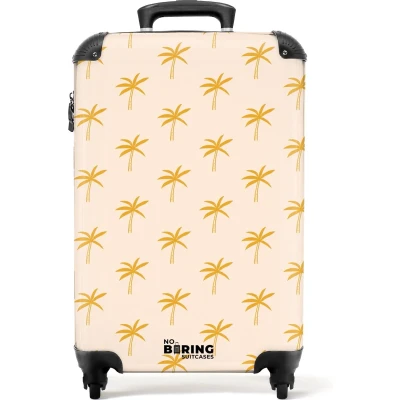 Afbeelding van NoBoringSuitcases.com® Handbagage koffer lichtgewicht Reiskoffer trolley Beige met gele palmbomen Rolkoffer wieltjes Past binnen 55x40x20 en 55x35x25