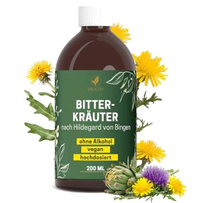 Afbeelding van Vitactiv Bitterkruiden, bittere druppels zonder alcohol, 200 ml (117 dagen), voortreffelijke kruiden plus choline, zink, stoffen volgens Hildegard von Bingen, kunstmatige