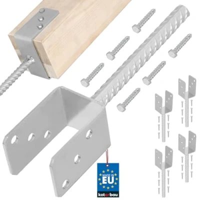 Afbeelding van KOTARBAU® Set van 4 paaldragers om in beton te gieten, U 61 mm, thermisch verzinkt staal, betonanker voor houten palen, ribbelstaal, paalanker, bodemhuls, paalschoenen, hekpalen, hout