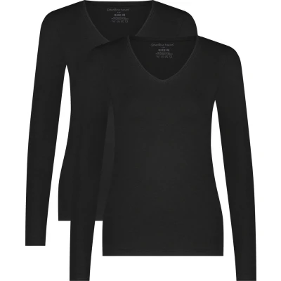 Afbeelding van Comfortabel &amp; Zijdezacht Bamboo Basics Liv Bamboe T Shirts V Hals (Multipack 2 stuks) Dames Lange Mouwen Zwart L