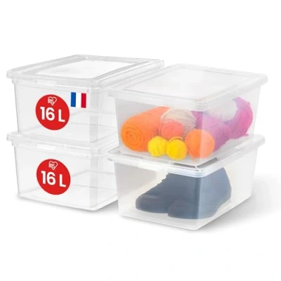 Afbeelding van Iris Ohyama, Multifunctionele Opbergdoos van Plastic, 16L, Set 4, Transparant, Gemakkelijke Sluiting, Stapelbaar, voor Slaapkamer, Keuken, Kantoor, Badkamer, Kleding, Speelgoed, BPA vrij,
