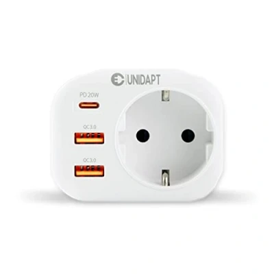 Afbeelding van Unidapt USB Aansluiting Multi Plug EU Adapter 5 in 1 Socket met 2 QC 3.0 snel Laderaansluitingen, type C poort 20W PD Stopcontact Schuko 4000 W Voedingsadapter Kinderslot Wit