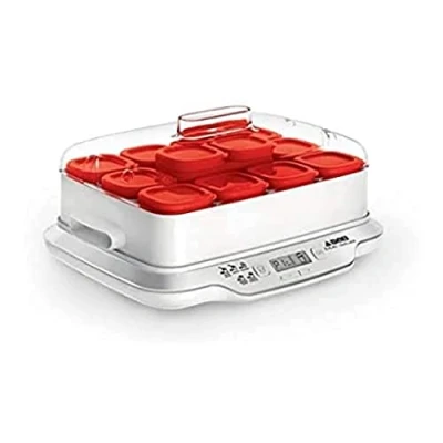 Afbeelding van Seb Family Multidélices Yoghurtmaker met 12 kopjes, wit en metallic, flessen rood
