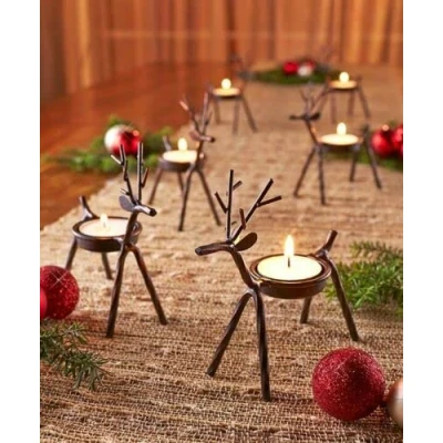 Afbeelding van Marco Paul Kerst Metalen Rendier Kaarsenhouders Rustiek Antiek Bruin en Handgeschilderde Set van 6 Licht Ornament Decoratieve Gift Kaars Accessoires voor Xmas Tafel, Venster Home Decor
