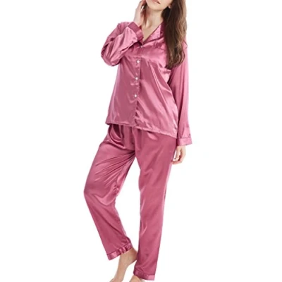 Afbeelding van Sanraflic Pyjama voor dames, satijn, lang, nachtkleding, loungewear, Licht Bourgondië, S