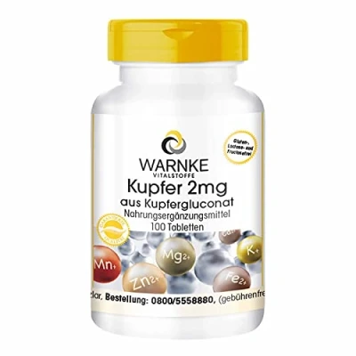 Afbeelding van Koper 2mg van kopergluconaat veganistisch 100 tabletten Warnke Vitalstoffe Duitse apothekerskwalitei