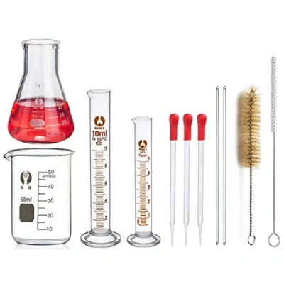 Afbeelding van Erlenmeyer glazen flessen, JESSTOLO 50 ml, conische fles, beker, 10 ml/5 ml cilinder met schaalverdeling, 2 reinigingsborstels, 3 reageerbuizen en roerstaafjes van glas