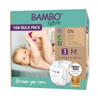 Afbeelding van BAMBO Nature Luiers Maat 3 (4 8 kg) 168 stuks Maandbox 0% onnodige toevoegingen Ideaal voor de gevoelige huid Nordic Swan Ecolabel