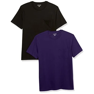 Afbeelding van Amazon Essentials Heren Slim Fit T shirt met korte mouwen en ronde hals, 2 stuks, zwart/donkerpaars, XS