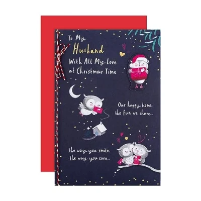 Afbeelding van Hallmark Kerstkaart voor echtgenoot schattig geïllustreerd uilenontwerp