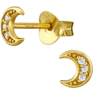 Afbeelding van JoyS Zilveren maan oorbellen 4 x 5 mm zirkonia oorknoppen 14k goudplating / goldplated kinderoorbellen