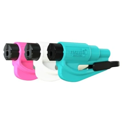 Afbeelding van resqme autobeveiligingssleutelhanger, raambreker en veiligheidsgordelsnijder, noodhamer, gemaakt in de VS, Roze, wit, blauwgroen, set van 3