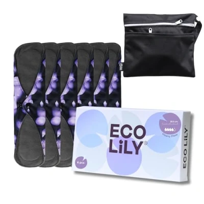 Afbeelding van Eco Lily® 6 pack herbruikbare maandverband met bamboe houtskool Wasbare waterdichte absorberende voor lichte, middelzware en zware menstruaties Inclusief bonus opbergtas