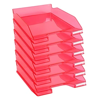 Afbeelding van Exacompta ref. 113254D Set van 6 Brievenbakken COMBO MIDI Afmetingen: 34,6 x 25,5x 6,5 cm voor A4 documenten + kleur framboos doorzichtig glanzend