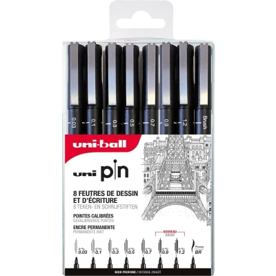 Afbeelding van Uni ball Pin tekenstift fineliner set 8 stuks zwart