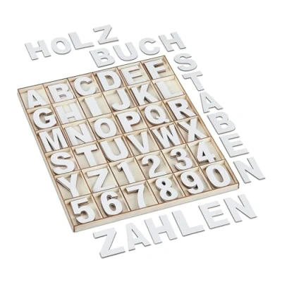 Afbeelding van Relaxdays houten letters &amp; cijfers, 144 delig, alfabet, A Z, getallen 0 9, knutselen, decoreren, kinderkamer, wit