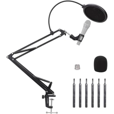 Afbeelding van Amazon Basics Verstelbaar microfoonstatief, met popfilter en schuimrubberen windscherm, tafelklem, 360 draaibaar, compatibel Blue Yeti, Snowball, HyperX, 35,5 cm (19 inch), zwart