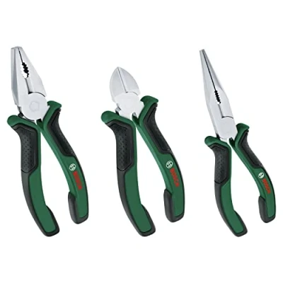 Afbeelding van Bosch tangenset, 3 delig (hoogwaardige, nauwkeurige, duurzame combinatietang, diagonale zijkniptang en punttang voor veeleisende taken; matte chroom nikkel coating) Amazon Edition