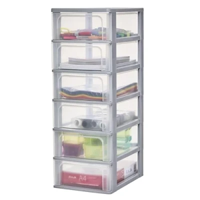 Afbeelding van Iris Ohyama, Toren, Dressoir, Plastic opbergorganizer met ergonomisch handvat, 6 x 7L, eenheid, geïntegreerd BPA vrij, Kantoor, Slaapkamer, Woonkamer, OCH 2006, grijs