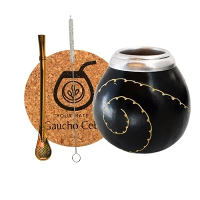 Afbeelding van Gaucho Cebar Set voor Yerba Mate thee met natuurlijke kalebassen Pompoenbeker en roestvrij stalen rietje Bombilla Straw for Tea Borstel kurkpad, zwart