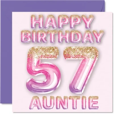 Afbeelding van 57e verjaardagskaart voor tante roze en paarse glitterballonnen gelukkige verjaardagskaarten 57 jarige van neef nichtje, 145 mm x cadeau