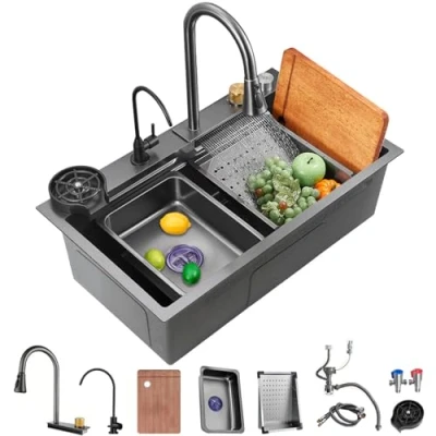 Afbeelding van Ribanedy Zwarte nano keukenspoelbak 304 roestvrijstalen waterval spoelbak Enkele kom Werkstation met multifunctionele bovenlader watervalkraan en Wasbak accessoires (zwart, 85x45x21 cm)