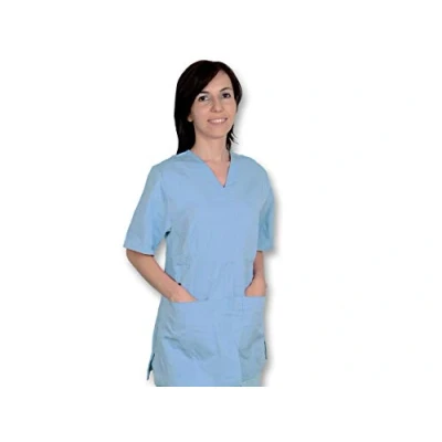 Afbeelding van Gima Kaszak van katoen en polyester, ziekenhuisuniform, lichtblauw, V hals, halve mouwen, 5 knopen, uniseks, maat XS, voor artsen, dierenartsen, verpleegkundigen gezondheidswerkers