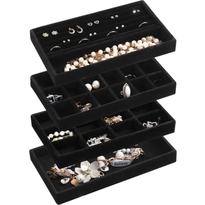 Afbeelding van Frebeauty Sieraden Organizer Tray, Stapelbare Fluwelen Trays, Lade Inserts Earring voor Vrouwen Meisjes Opslag Display Case Ringen Stud Kettingen, Set van 4 (zwart)