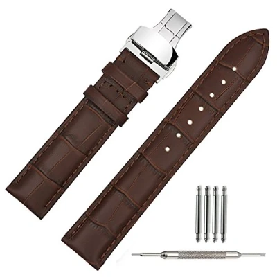 Afbeelding van TStrap Horlogebandje, heren, leer, zwart, met roestvrijstalen vouwsluiting, 18 mm/19 mm/20 mm/21 mm/22 mm, Bruin naad, 18mm, Riemen.