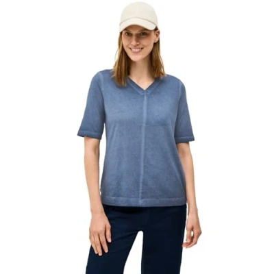 Afbeelding van Cecil Vneck IM Washedlook Tshirt basic, Dames, Maat: XS, Blau