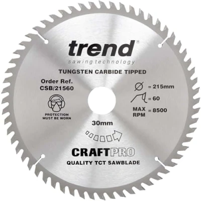 Afbeelding van Trend CraftPro TCT cirkelzaagblad, 215 mm diameter x 60 tanden 30 asgat, wolfraamcarbide getipt, CSB/21560