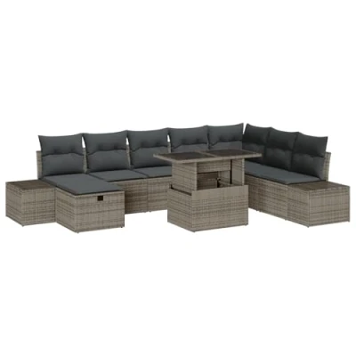 Afbeelding van vidaXL 9 delige Tuin Sofa Set met Kussens Grijs Poly Rattan
