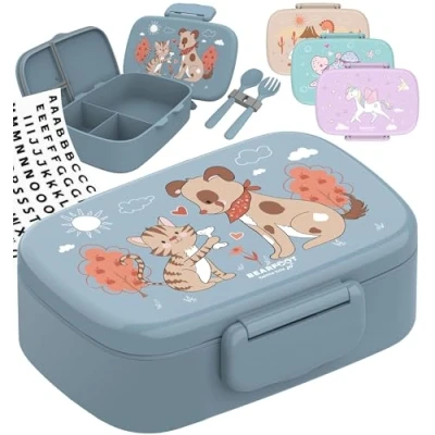 Afbeelding van BEARFOOT broodtrommel voor kinderen met vakken, BPA vrij, lunchbox, bento box, meisjes en jongens, snackbox, 100% lekvrij, lunchbox kleuterschool, school (hond kat, paars)