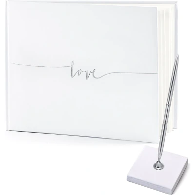 Afbeelding van Gastenboek/receptieboek met luxe pen in houder Bruiloft wit/zilver 24 x 18,5 cm Gastenboeken