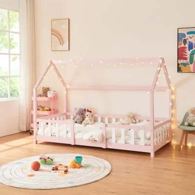 Afbeelding van Kinderbed Sisimiut met uitvalbeveiliging 90x200 cm roze en wit
