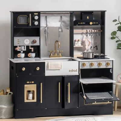 Afbeelding van ROBUD Keukenspeelset voor kinderen, van hout, moderne, grote speelkeuken in zwart met koelkast, koffiezetapparaat, ijsmachine en meer, kinderen vanaf 3 jaar
