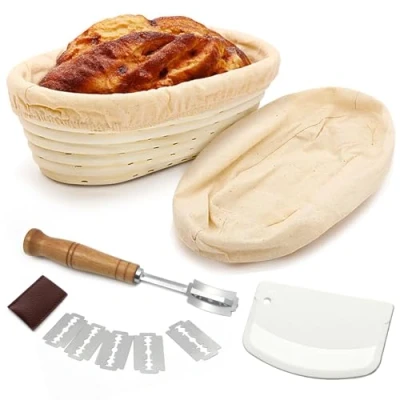 Afbeelding van DONJIM Set rijsmandjes voor het bakken van brood, ovaal 25 cm, natuurlijk rotan rijsmandje gaarmand met bakkersmes, linnen overtrek en deegschraper, brood bakaccessoires