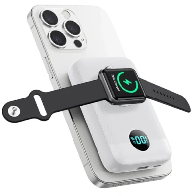 Afbeelding van Pxwaxpy Magnetische powerbank 10800 mAh voor MagSafe, 4 in 1 draadloze draagbare oplader, QC4.0 + 22,5 W PD, snel opladen, USB C externe accu met led display, Apple Watch/iPhone 15/14/13/12 serie