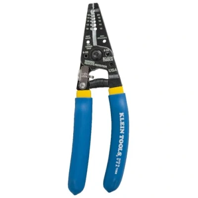 Afbeelding van Klein Tools 11055 gebogen striptang/draadsnijder, blauw met gele strepen, 10 20 ga., 18 AWG massief, 12 AWG, geknoopt