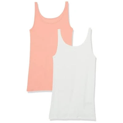 Afbeelding van Amazon Essentials Damesvest, slimfit, dunne bandjes, set van 2, wit/koraalroze, maat XS