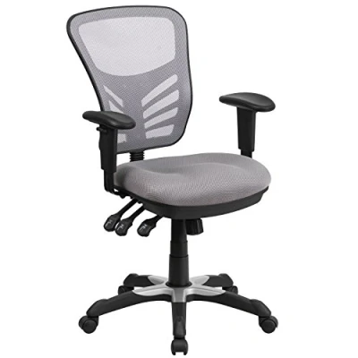 Afbeelding van Grijze multifunctionele ergonomische draaiende directiebureaustoel met middelhoge rugleuning van gaas en verstelbare armleuningen