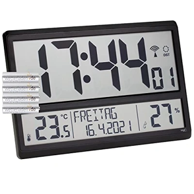 Afbeelding van TFA Dostmann 60.4520.01 digitale XL radioklok wandklok met binnentemperatuur, datum en dag van de week (zwart batterijen)