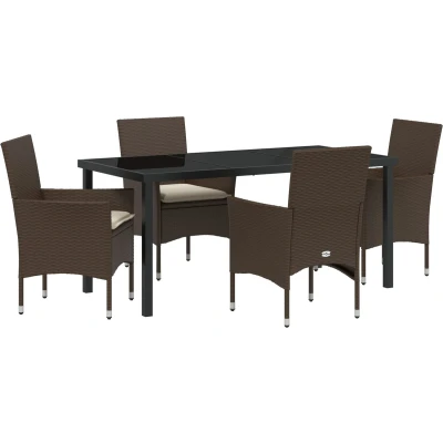 Afbeelding van vidaXL 5 delige tuinset met kussens Bruin Poly Rattan, Tuin tafel Zwart 160x80x73 cm Gehard Glas