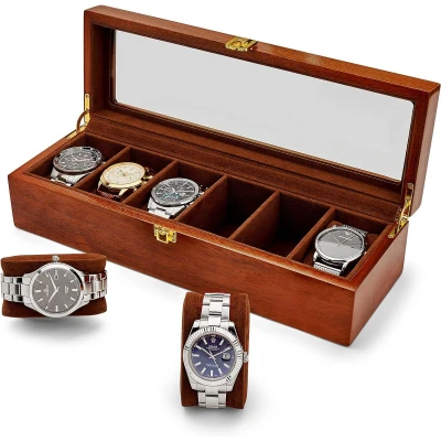 Afbeelding van Elegante Premium Houten Horlogebox voor Heren Ruimte 6 Grote Horloges met Glazen Venster