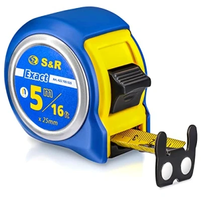 Afbeelding van S&amp;R Bandmaat 5 m metrisch en inch m, band 25 mm, rolmeter met geklonken magnetische haak meetlint nylon gecoat, slagvaste behuizing