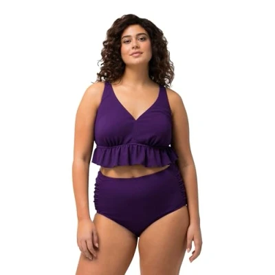 Afbeelding van Ulla Popken Dames, structuur, ruches, softcus, bandjes verstelbare bikiniset, Diep violet, 56