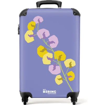 Afbeelding van NoBoringSuitcases.com® Handbagage koffer lichtgewicht Reiskoffer trolley Paars met kleurrijke bloem Rolkoffer wieltjes Past binnen 55x40x20 en 55x35x25
