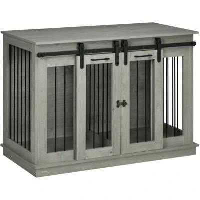Afbeelding van PawHut Hundekäfig, Haustierkäfig, Hundehütte mit Zweiraum Option für Mittelegroße Hunde, Hundebox Doppeltüren, Hundehaus, Grau, 120 x 60 88,5 cm
